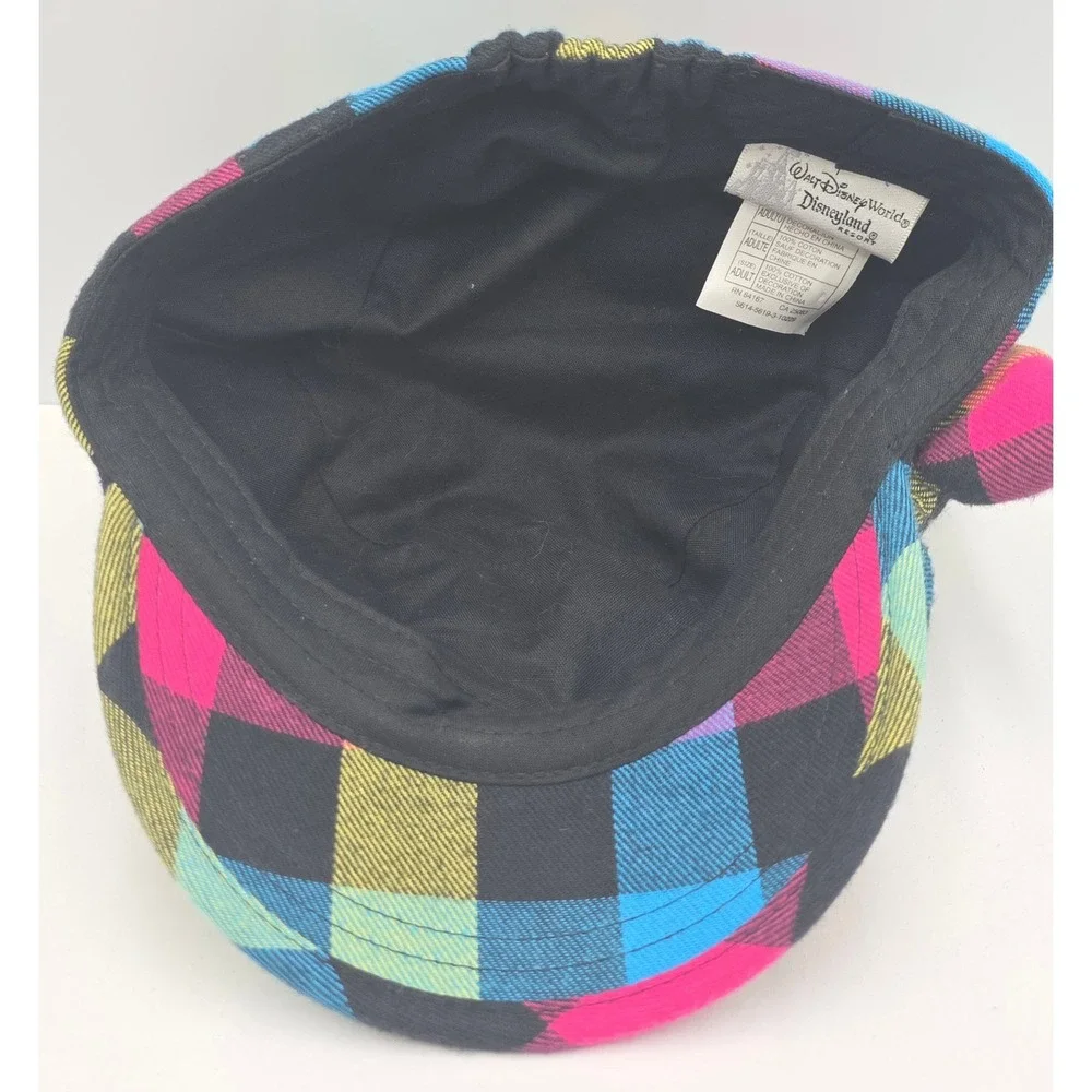 Disney Cadet Hat Adult Size‎ 7 Rainbow Patchwork Plaid Neon Mickey Mouse Bow Cap